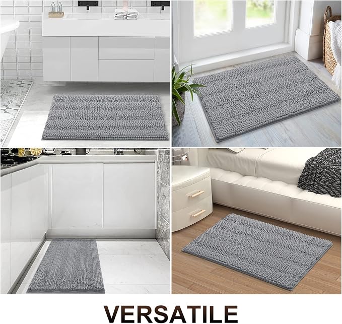 Grandaily Chenille Striped Bathroom Rugs 47x32, Extra Thick and Absorbent Bath Mats, Non-Slip Soft Plush Shaggy Shower Carpet, Machine Wash Dry, Bath Rug for Bathroom, Dark Gray