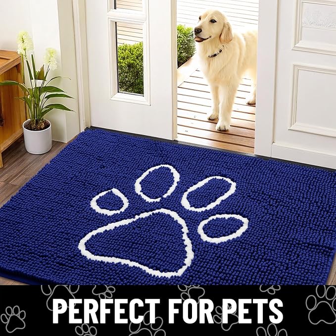 Smiry Dog Door Mat for Muddy Paws, Absorbent Dirt Trapper Non Slip Quick Dry Washable Chenille Mat for Mud Dogs, Entry Rug for Indoor and Outdoor (70x24 Inches, Navy Blue and White)