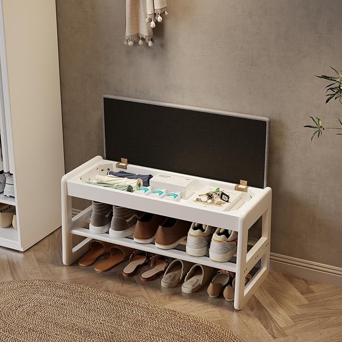 AQIMUELE Shoe Rack Bench,2 Tiers Shoe Bench with Storage with Flip-Top,Wood Shoe Rack for Entryway,Hallway（White Upholstered Seat,11.8" D x 31.5" W x 15.7" H）