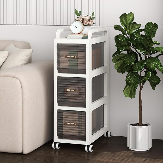 Bathroom Storage with Drawers, 9.8" Wide Wide Slim Storage Cabinet with Wheels for Small Spaces, Narraw Cart for Kitchen Office Bedroom Dinning Room Under Desk, 29.7" Tall