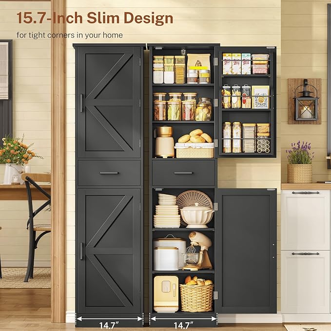 TEENFON Tall Storage Cabinet with 3 Door Shelves & 1 Drawer, Narrow Kitchen Pantry Cabinet for Living Room, Bathroom, Entryway, Black