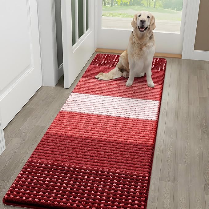 Kitinjoy Indoor Outdoor Door Mat, 59x20 Non-Slip Absorbent Dirt Trapper, Low-Profile Washable Inside Entrance Front Floor Mat, Sturdy Soft Entry Dotted Ombre Doormats for Entryway, Burgundy