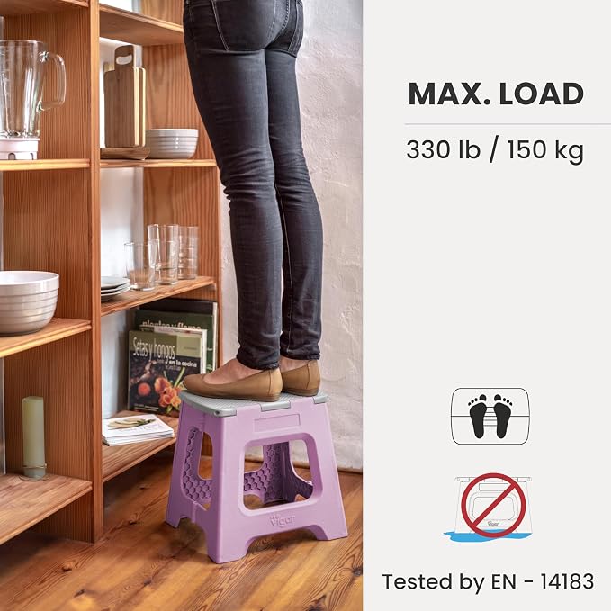Vigar Compact Folding Step Stool - 12-1/2 Inch Foldable Step Stool for Adults, Lightweight Portable Stool with Handle, Non Slip Step Stool, Space-Saving Stool up to 330 lb - Purple
