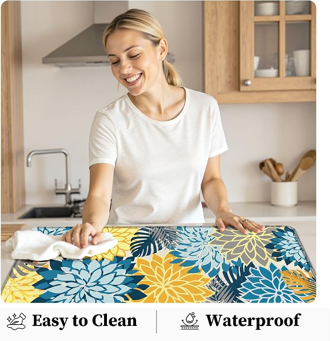 Arenarug Kitchen Mats for Floor 2PCS Cushioned Anti Fatigue Kitchen Mats Waterproof Non Slip Kitchen Mat Rug Set Comfort Foam Standing Mat for Sink, Laundry, Office, 24"x39"+24"x59", Yellow Teal