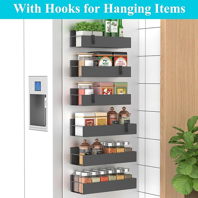 HuggieGems 6 Pack Magnetic Spice Storage Rack Organizer for Refrigerator and Oven, Dark Gray Fridge Organizers and Storage