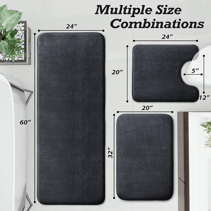 HUXMEYSON Bathroom Rugs Sets 3 Piece, Non-Slip & Quick Dry Bath Mat Set, Ultra Soft Velvet Bath Rugs for Bathroom, Toilet and Shower Floor, Dark Grey