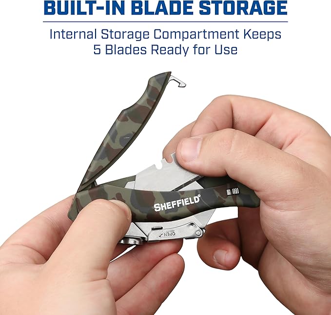 Sheffield Folding Utility Knife, Accepts Standard Utility Knife Blades, Box Cutter, Razor Blades Included, For Home, Office, Trades, and Warehouse