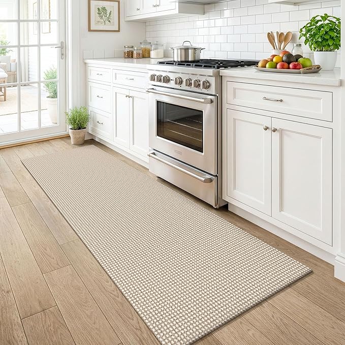 KOZYFLY Runners for Hallways 2x6 ft Washable Kitchen Runner Non Slip Rubber Backed Hall Runners Cotton Entryway Runner Rugs for Indoor Backdoor Bedroom Kitchen, Ivory/Camel/Brown