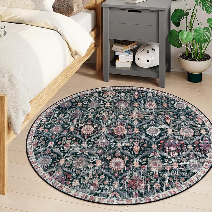 Lahome Moroccan Trellis Round Area Rugs, Washable Small Round Rug 3ft Non-Slip, Soft Vintage Ultra-Thin Circle Carpet for Bedroom Entryway Kitchen Laundry Bathroom Elise, Black/Multi