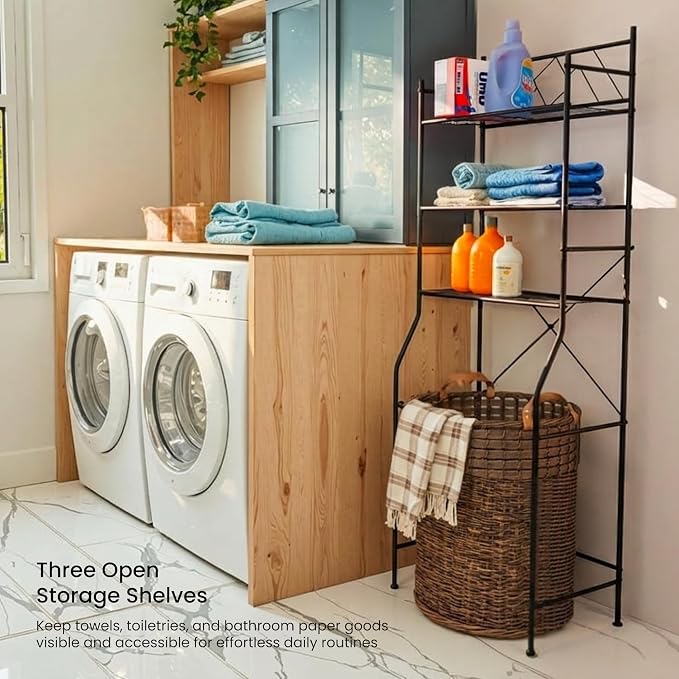 Home Zone Living Over the Toilet Storage Bathroom Organizer 3-Tier Freestanding Steel Frame Shelves with Wide Stabilizing Base and Adjustable Feet, Matte Black
