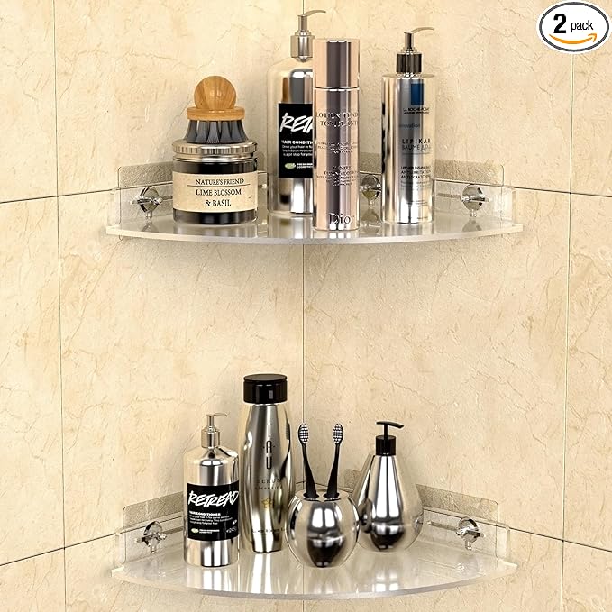 Bakzon Acrylic Corner Shelf 2 Pack, Adhesive Shower Caddy, 0.12" Thick Shatter-Resistant Clear Bathroom Corner Shelves for Tile Wall, No Drill Renter Friendly, 10×10 Inch, 20 lbs Capacity