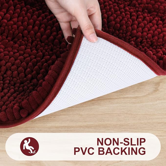Grandaily Chenille Striped Bathroom Rugs 47x24, Extra Thick and Absorbent Bath Mats, Non-Slip Soft Plush Shaggy Shower Carpet, Machine Wash Dry, Bath Rug for Bathroom, Burgundy