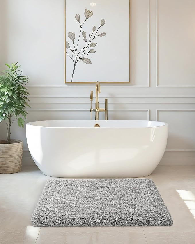ILANGO Grey Bathroom Rugs 36" × 24" Non Slip & Super Absorbent Extra Thick Soft, Washable Bath Mat for Floor, Microfiber Plush Shaggy Bath Rug with Rubber for Bathtub Shower Room Sink
