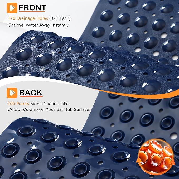 Yimobra Non Slip Bathtub Mat 40 x 16 Inch, Extra Long Shower Mat with Drain Holes, Machine Washable Baby Bath Mats, Strong Suction Cups for Bathroom Floor, Navy Blue