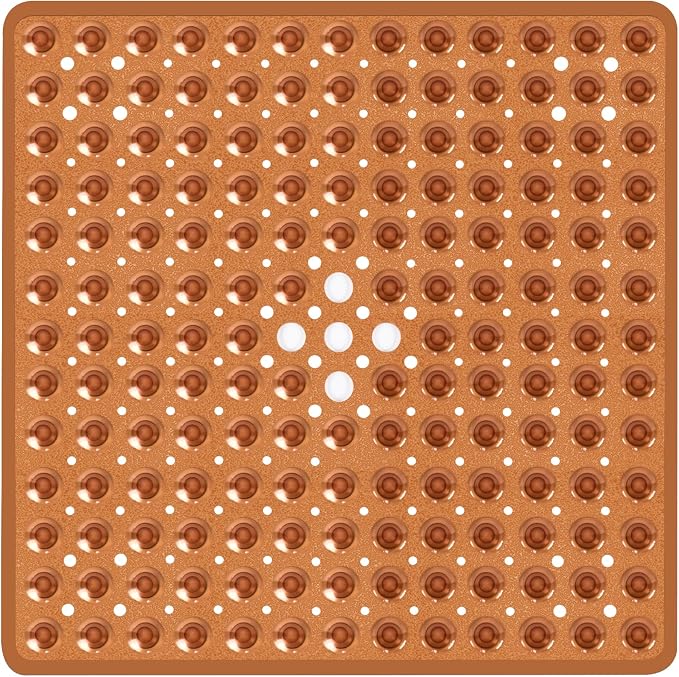 Square Shower Bathtub Mat Non Slip for Inside Shower Clear Brown 21x21 Inch, Shower Stall Mats for Bathroom Floor, Soft Bath Mat for Tub with Big Suction Cups Drain Holes, Easy Washable Dry