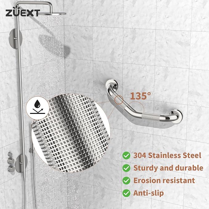 16 Inch Angled Grab Bar 2 Pack, ZUEXT Anti Slip Shower Grab Bar Handles,Chrome Stainless Steel Knurled Bathroom Balance Bar, Safety Hand Rail Support,Handicap Elderly Injury Senior Assist Bath Handle