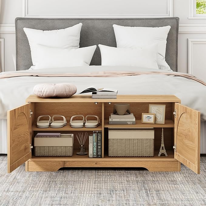 BERRYMERRY 39.4" Fluted Shoe Storage Bench for Entryway,2 Tier Shoe Cabinet Bench with Adjustable Shelf,Bench for Bedroom End of Bed (Natural, 13.8”D x 39.4”W x 18.5”H)