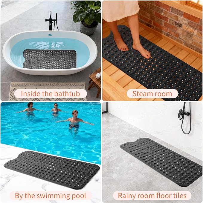 Anti-Slip Bathtub Shower mat, 40×16 inch（ 100 × 40cm） Soft Oversized Machine Washable Non-Slip Bathtub mat with Drainage Holes, Bathroom Floor Suction Cup.（1-Opaque Black）