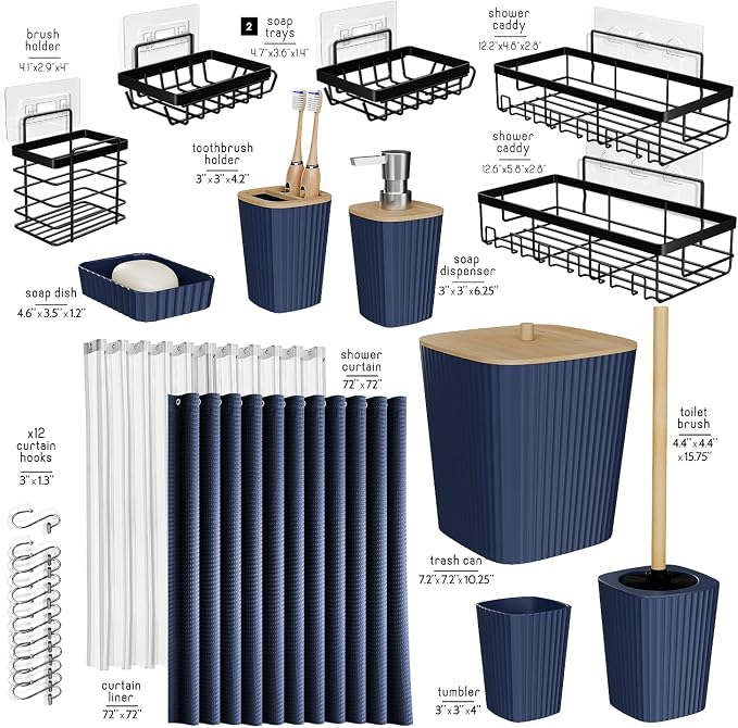 Clara Clark Bathroom Accessories Set - Bathroom Set with Adhesive Corner Shower Caddy Hanging, 25PC Bathroom Accessory Set, Navy Blue Shower Curtain Set, Toilet Brush, Trash Can & Soap Dispenser