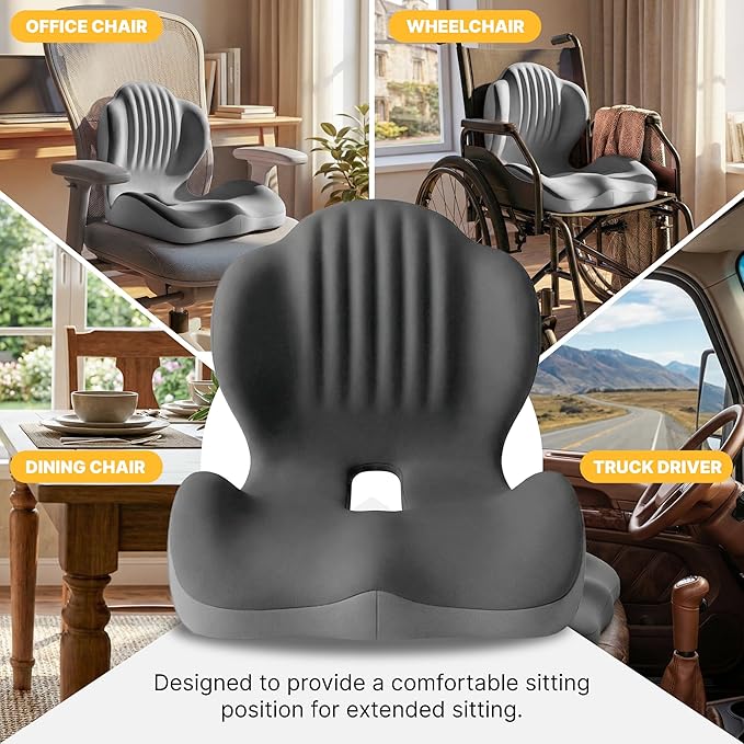 Ergonomic Seat Cushion, Office Chair Seat Cushions with L-Shaped Integrated Design, Memory Foam Orthopedic Cushion with Coccyx Hollow, Lumbar Support & Tailbone Pain Relief for Long Sitting (Grey)