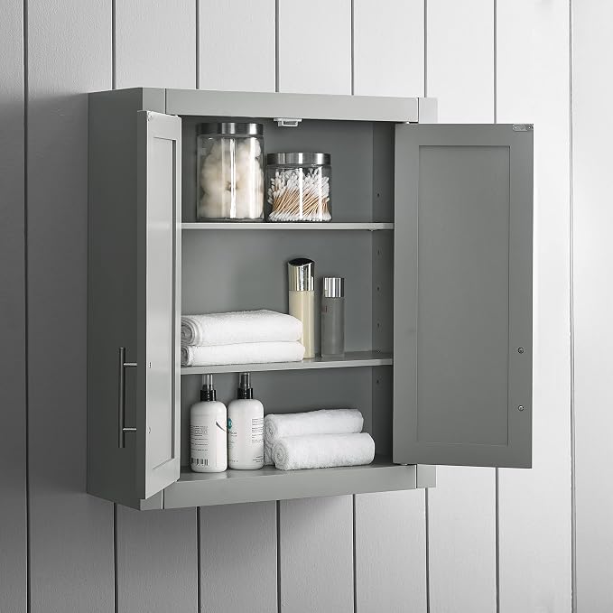Crosley Furniture Savannah Wall Mounted Bathroom Storage Medicine Cabinet with Shelves, Gray