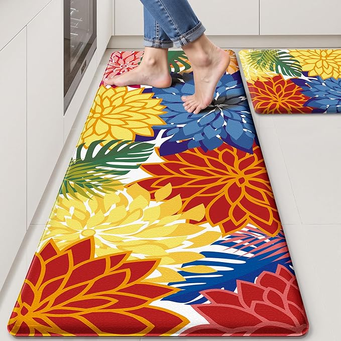 Arenarug Kitchen Mats for Floor 2PCS Cushioned Anti Fatigue Kitchen Mats Waterproof Non Slip Kitchen Mat Rug Set Comfort Foam Standing Mat for Sink, Laundry, Office,17.3" x 28" + 17.3" x 47", Colorful