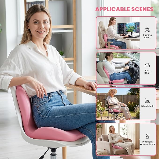 Lumbar Support Pillow for Office Chair for Women, Pink Seat Cushion for Back Support, L-Shaped Memory Foam Chair Pad for Sciatica Relief, 3.95in Thick Seat Riser with Breathable Washable Cover