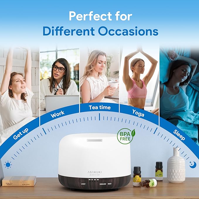 ASAKUKI Essential Oil Diffuser for Home, 500ML Aromatherapy Diffuser Humidifier with Remote Control, 7 Color LED Lights, Quiet Cool Mist Diffuser for Bedroom, Living Room, Office (Dark Brown)