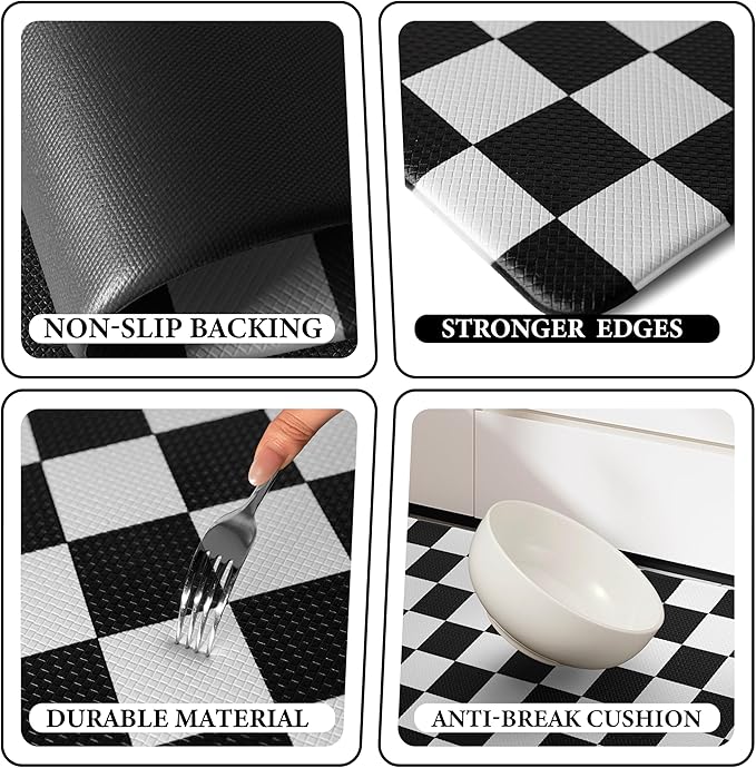 Checkered Grid BlackCheckerboard Kitchen Rug, Anti-Fatigue, Waterproof Non-Slip Kitchen Mat Heavy Duty Ergonomic Comfort Foam Rug for Floor, Home, Laundry,17.3"x29"