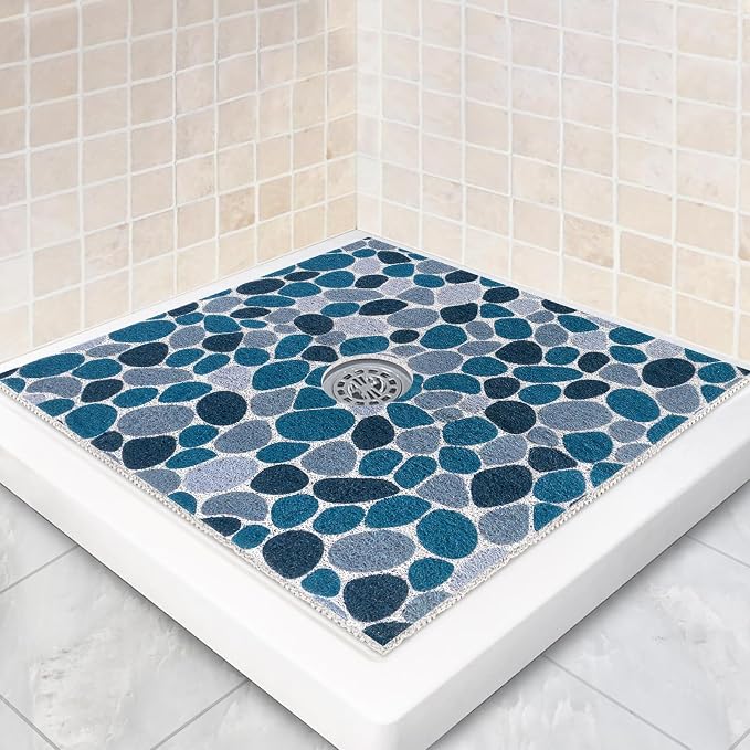 Square Shower Mat Non Slip: 32 x 32 Inch Extra Large Shower Mats with Drain Hole in Middle - PVC Loofah Anti Slip Shower Floor Matt for Inside Shower
