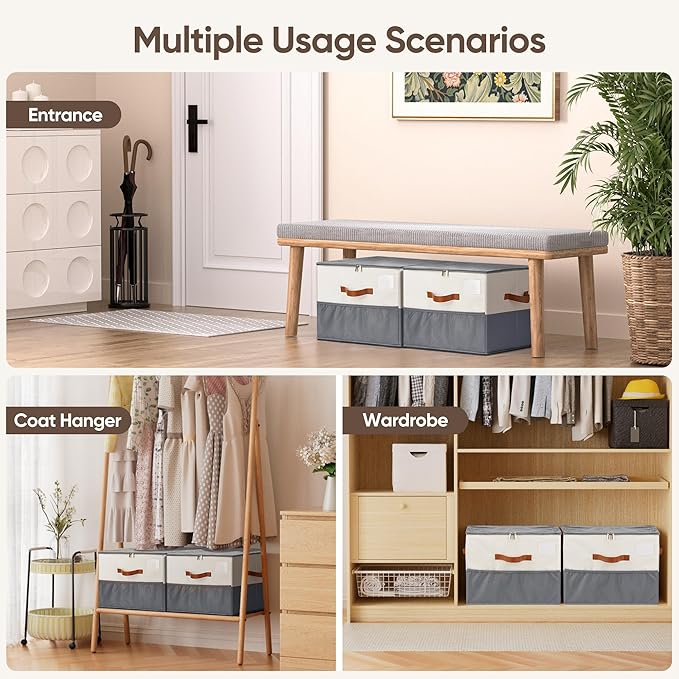 Shoe Organizer for Closet, 2 Pack Shoe Storage Containers with Adjustable Dividers, Space Saving Shoe Box Organizers Bins with Clear Lids & 4 Handles, Fits 16-32 Pairs, Beige & Grey