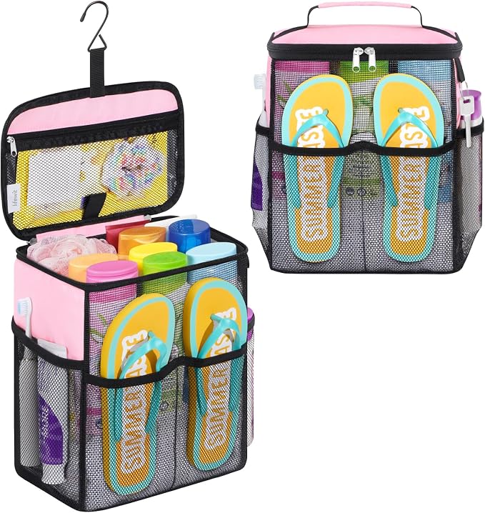 Lifewit Shower Caddy Portable, Toiletry Bag with Handle and 3 Mesh Pockets, Quick Dry Hanging Organizer for Bathroom, Gym, Travel, Camping, College Dorm Room Essentials for Women Men, Pink