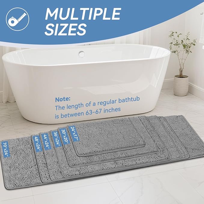 Bcoimo 36x24 Chenille Bath Mat – Non-Slip with Backing Bath Rug Ultra-Absorbent and Machine Washable Bathroom Mat Quick-Dry Design. Ideal for Bathroom Shower and Tub Areas