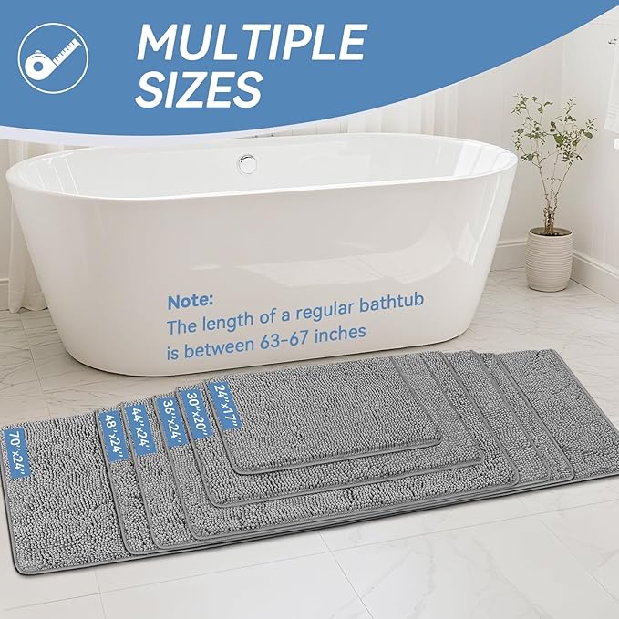 Bcoimo 30x20 Chenille Bath Mat – Non-Slip with Backing Bath Rug Ultra-Absorbent and Machine Washable Bathroom Mat Quick-Dry Design. Ideal for Bathroom Shower and Tub Areas