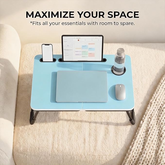 BUYIFY Foldable Laptop Bed Desk for Couch, Sofa - Large Lap Desk Tray Table with Cup Holder and Tablet Slot - Portable Notebook Stand for Eating, Writing, Studying and WFH (Blue)-USA Original Patent