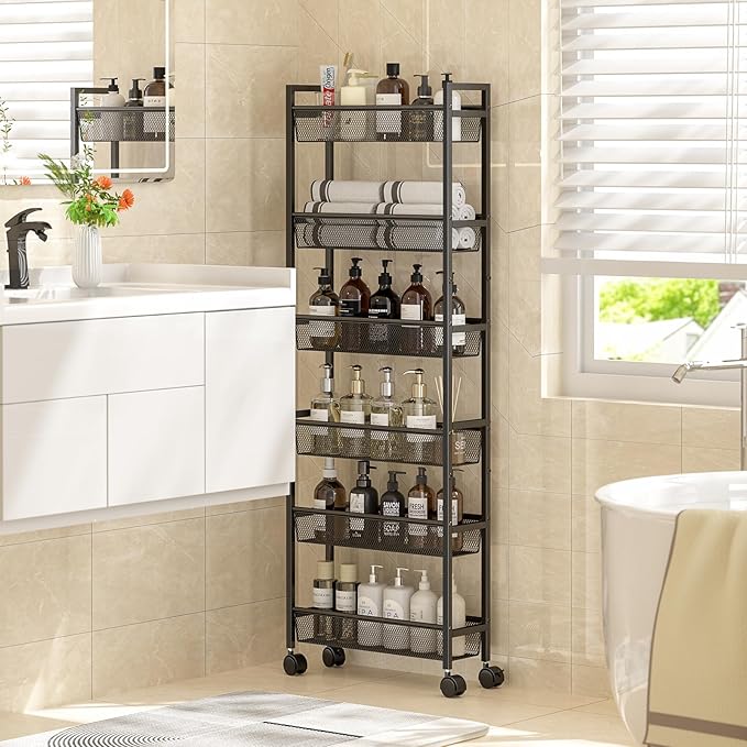 ThreeHio 6 Tier Slim Storage Cart, Narrow Cart with Wheels, Metal Mobile Shelving Unit Organizer for Kitchen, Bathroom, Laundry Room, Living Room & Narrow Spaces, Black, 6in(W)