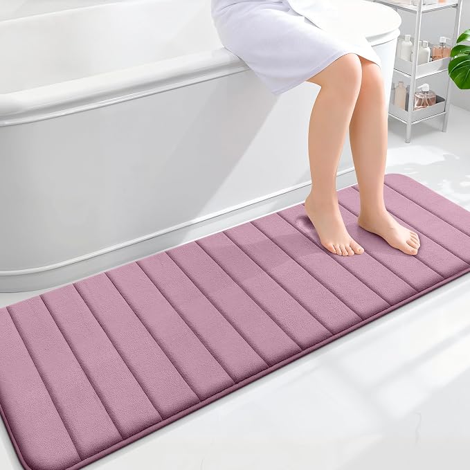 OLANLY Memory Foam Long Bathroom Rugs Runner 59x20, Super Soft Absorbent Bath Mat, Quick Dry, Machine Washable Shower Floor Rugs, Bathmat Carpet, Bathroom Home Decor Accessories, Deep Plum