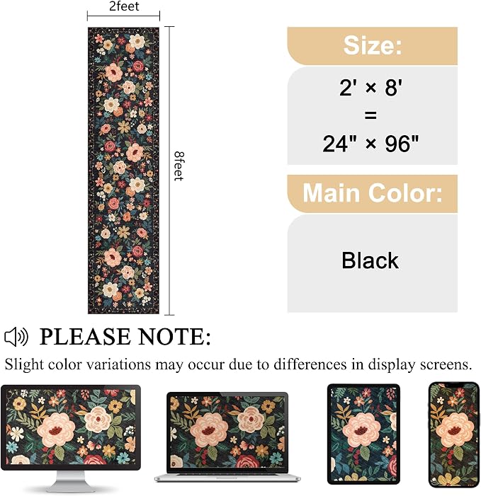 DUKINO 2x8 Runner Rug for Hallway, Washable Kitchen Runner Rug with Rubber Backing Non Slip, Low Pile Soft Boho Floral Thin Carpet for Entryway, Hallway, Bathroom, Laundry Room, Black