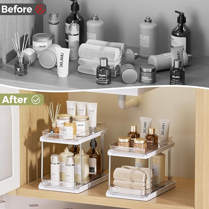 Delamu 2-Tier Bathroom Under Sink Organizers and Storage, Pull Out Cabinet Drawers with Anti-Slip Design, Multi-Purpose Storage for Kitchen, Pantry, Bathroom & Home Organization, White, 1 Pack