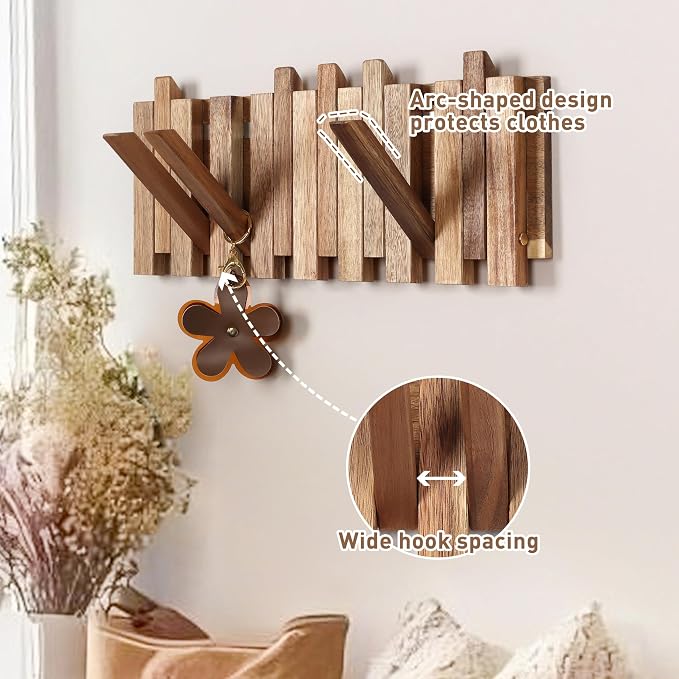 Wall Coat Rack for Entryway: Rustic Wooden Folding 8 Hooks Mount 16.5inch Decorative Piano Hanger for Farmhouse Hallway Bathroom for Towel Backpack Jacket (Staggered Style)