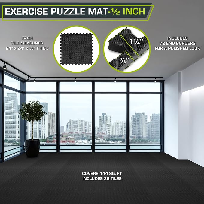 ProsourceFit Exercise Puzzle Mat ½-inch, EVA Interlocking Foam Floor Tiles for Home Gym, Workout Equipment, Kids Play Areas, Black, 144 SQ FT - 36 Tiles
