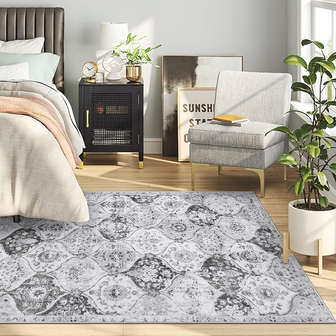 Lahome Moroccan Trellis Washable Small Area Rug, 3x5 Area Rug for Bedroom Living Room, Non-Slip Oriental Accent Throw Carpet for Kitchen Office Entryway Bathroom Office Elise, Silver/Grey