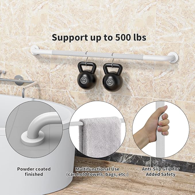 40 Inch Anti Slip Handicap Grab Bars, Munzong Bathroom Grab Bar for Showers, White Knurled Handicap Balance Bar,Safety Hand Rail Support Elderly Senior Assist Bath Handle