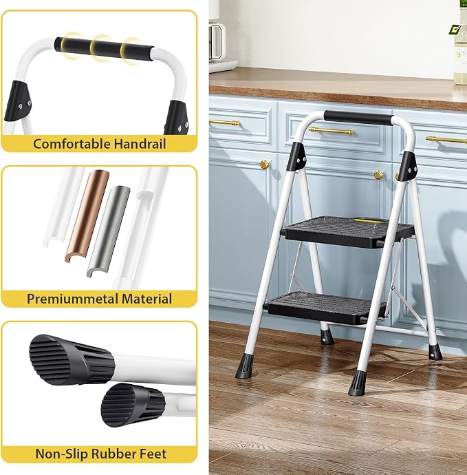 KINGRACK 2 Step Ladder, Folding Step Stool with Comfortable Handrail, Wide Anti-Slip Pedals & Safe-Lock Design, 800lbs Load Capacity, Sturdy Steel Portable Ladder, Perfect for Home and Kitchen, White