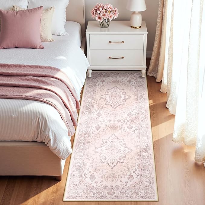 RELEANY Area Rugs Runner 2'x6' Washable Non-Slip, Floral Vintage Distress Medallion Carpet for Kitchen Hallway Bedroom Beside Laundry Room Bathroom, Pink Greypink Cute