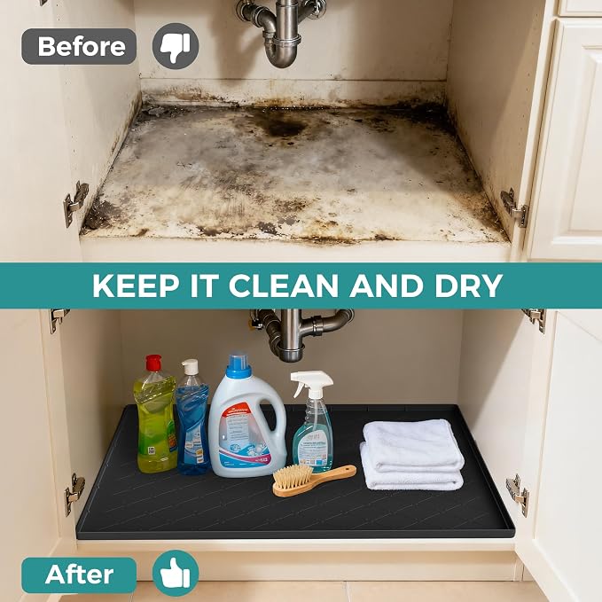 URMONA 16" x 10" Waterproof Silicone Mat in Multiple Sizes & Colors, Under Sink Mat for Kitchen & Bathroom, Pet Food Pad for Dogs & Cats, Kitchen Cabinet Liner, Multi-Purpose for Storage(Light Grey)