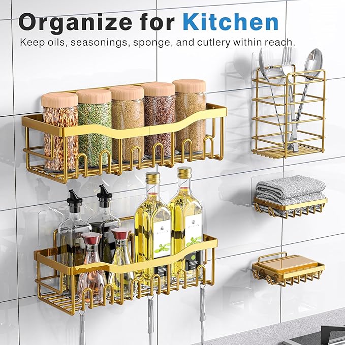 Shower Caddy 5 Pack,Adhesive Shower Organizer for Bathroom Storage&Home Decor&Kitchen,No Drilling,Large Capacity,Rustproof Stainless Steel Bathroom Organizer,Shower Shelves for Inside Shower-Larger