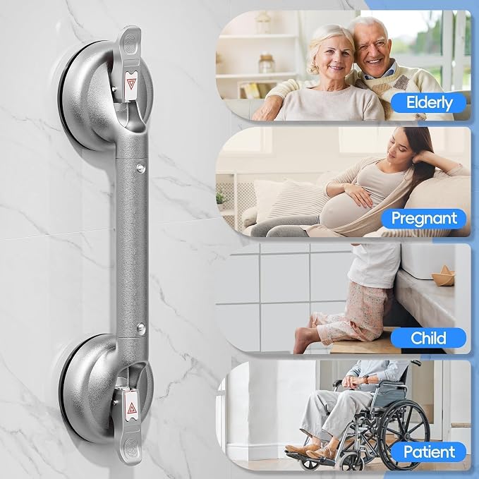 SPECILITE 17 Inch Grab Bars for Bathtubs and Showers 2 Pack Seniors Handles for Elderly Strong Suction Handicap Safety Handrail for Bathroom Toilet Tiles Glass Gray Silver