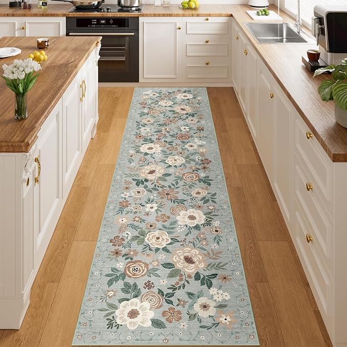 DUKINO Runner Rug, 2x10 Kitchen Runner Rug for Hallway with Non Slip Backing, Washable Low Pile Soft Boho Floral Carpet for Kitchen, Entryway, Hallway, Laundry, Bedroom, Sage Green
