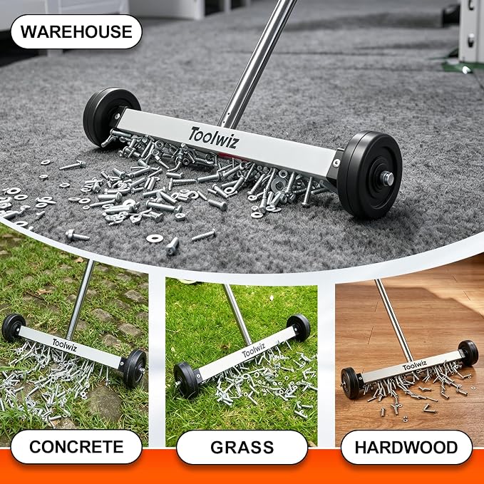 Toolwiz Magnetic Pick Up Sweeper 15-inch Heavy Duty Magnet Pickup Lawn Sweeper Roofing Tools, 10 Lbs Yard Tools Smooth Wheels to Clean Nails Adjustable Handle for Construction